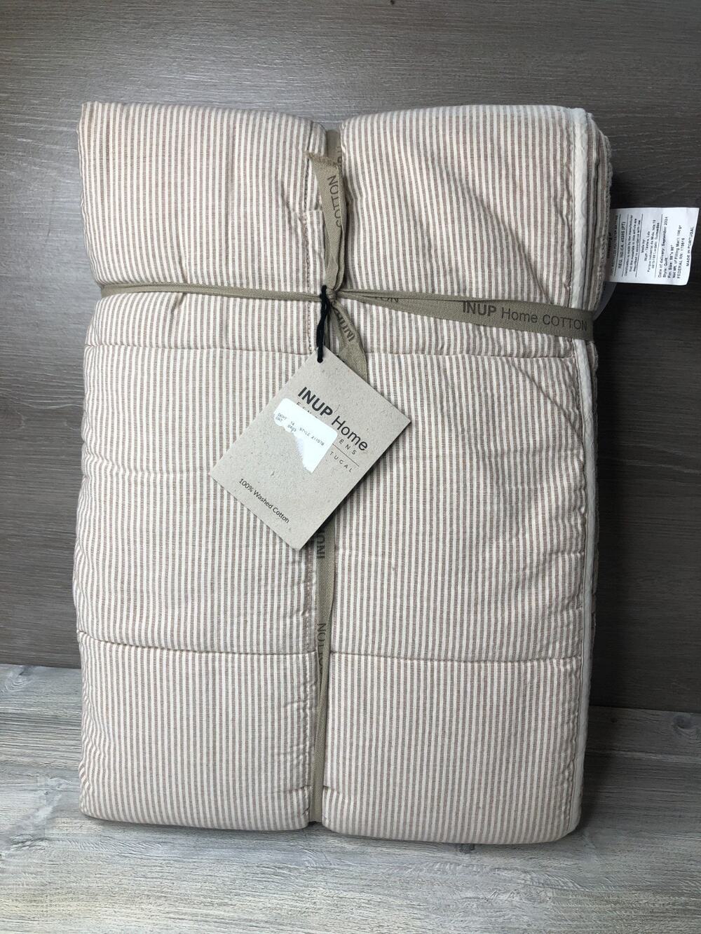Inup Home Blanket Coverlet QUEEN Cream tan stripe 100% Washed Cotton